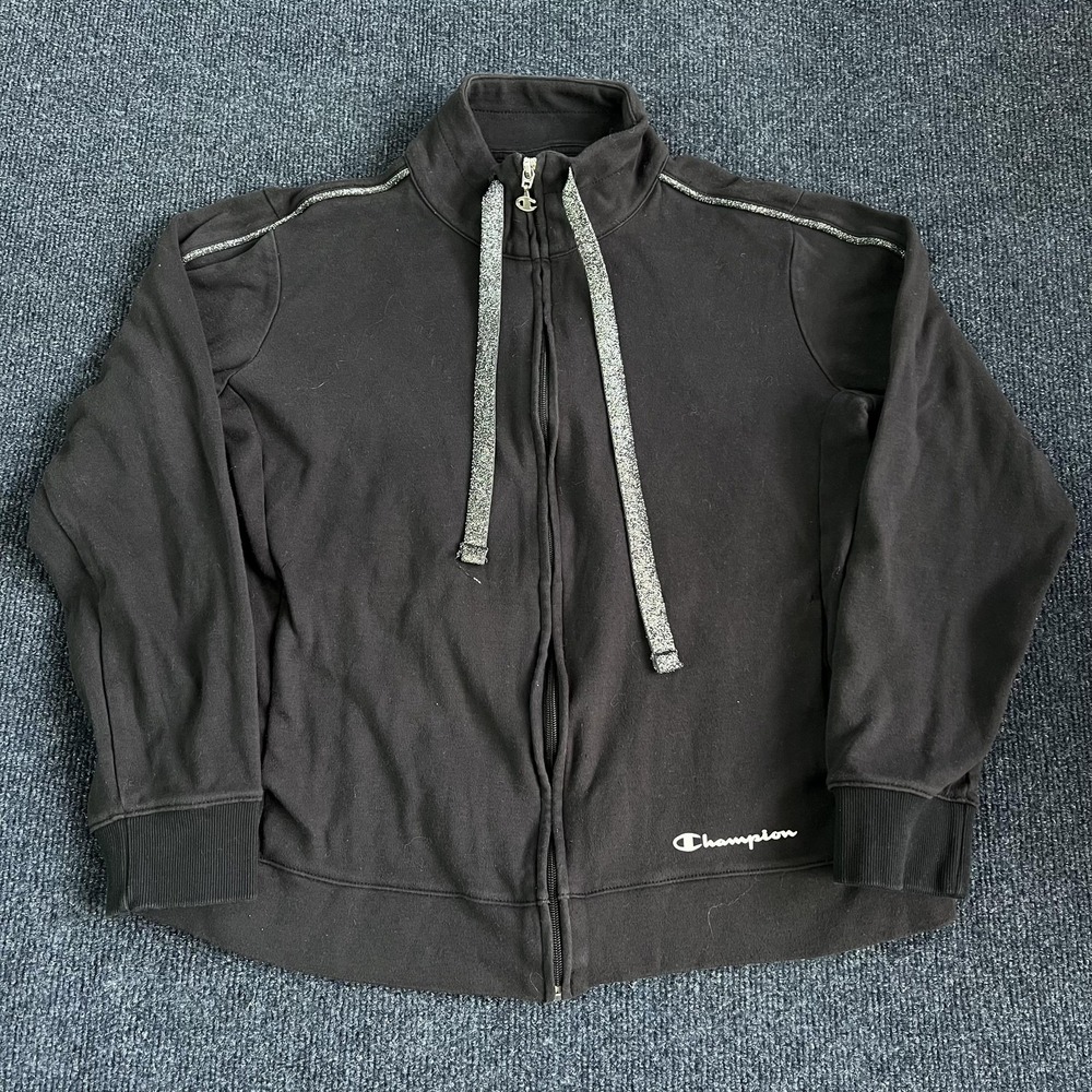 Champion Jacket Womens Medium Black‎ Full Zip Track Glitter Trim Warmup Pockets